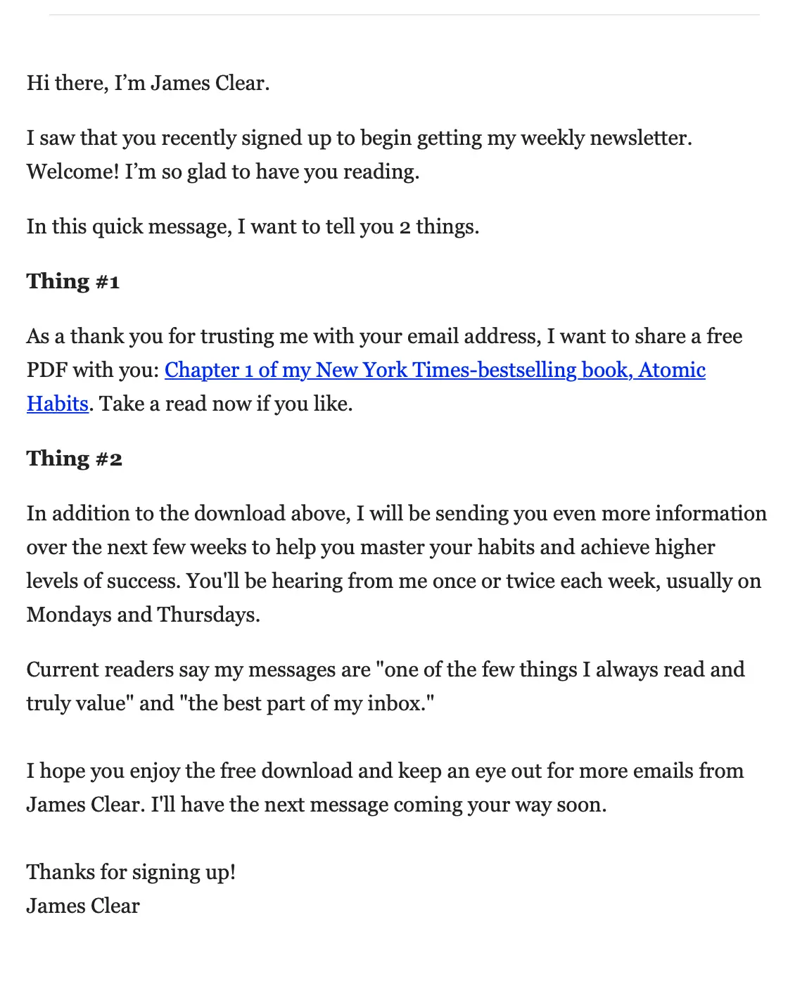 Onboarding email - James Clear welcome email
