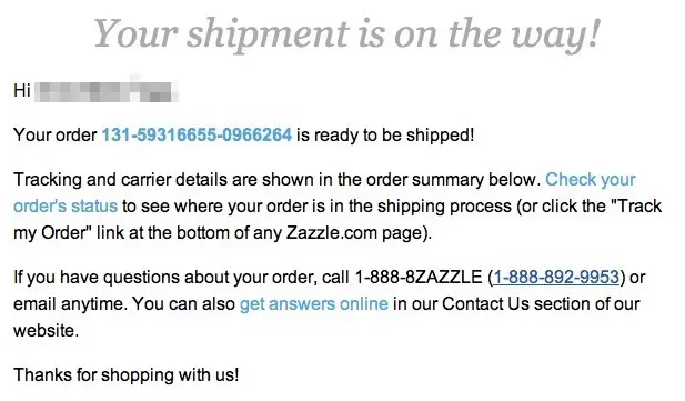 zazzle shipping email