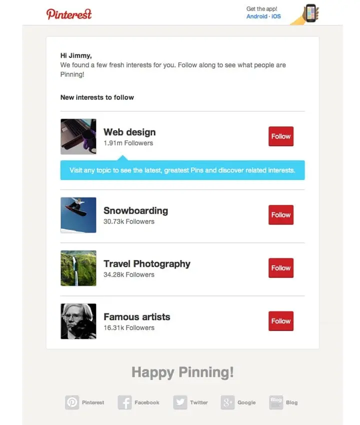 Pinterest retention email