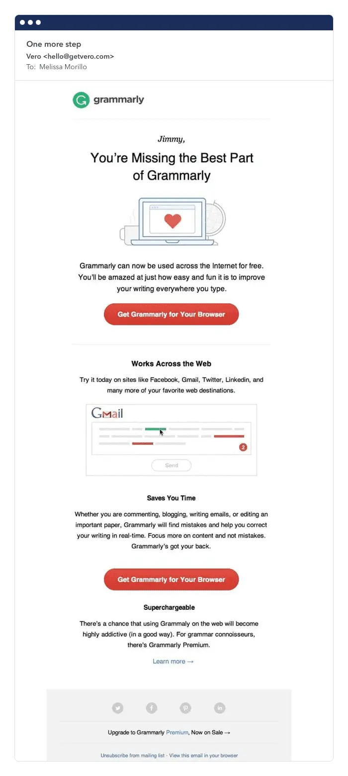 Grammarly improving retention rate email example