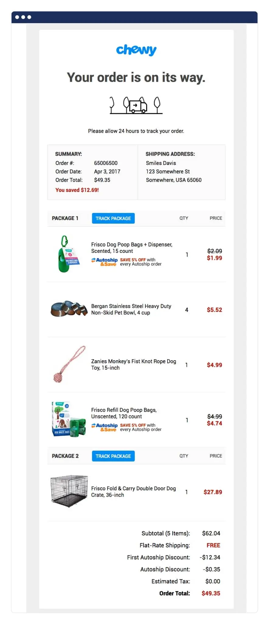 email marketing KPIs chewy example