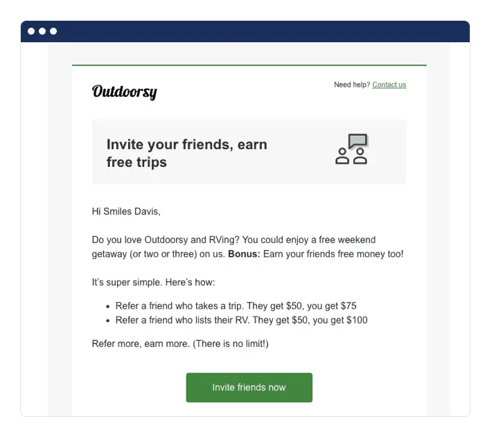 Outdoorsy referral email example