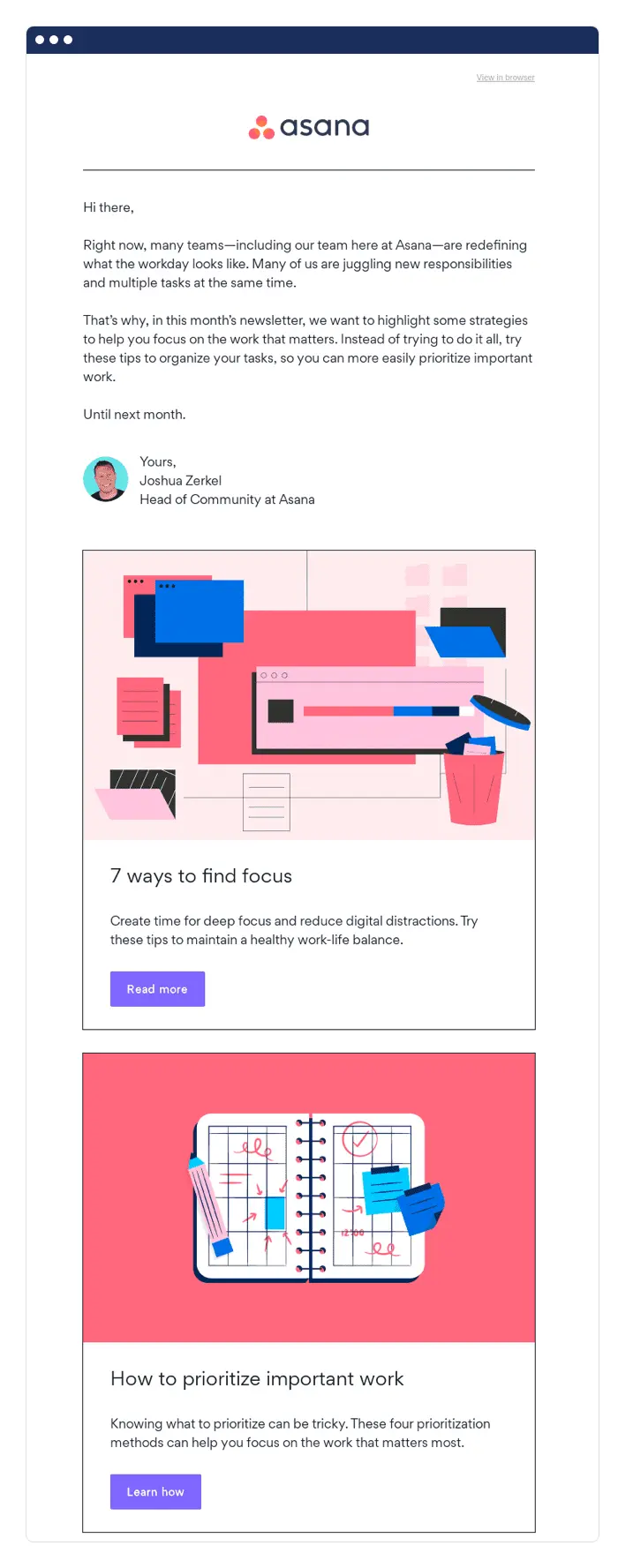 Asana saas email marketing example