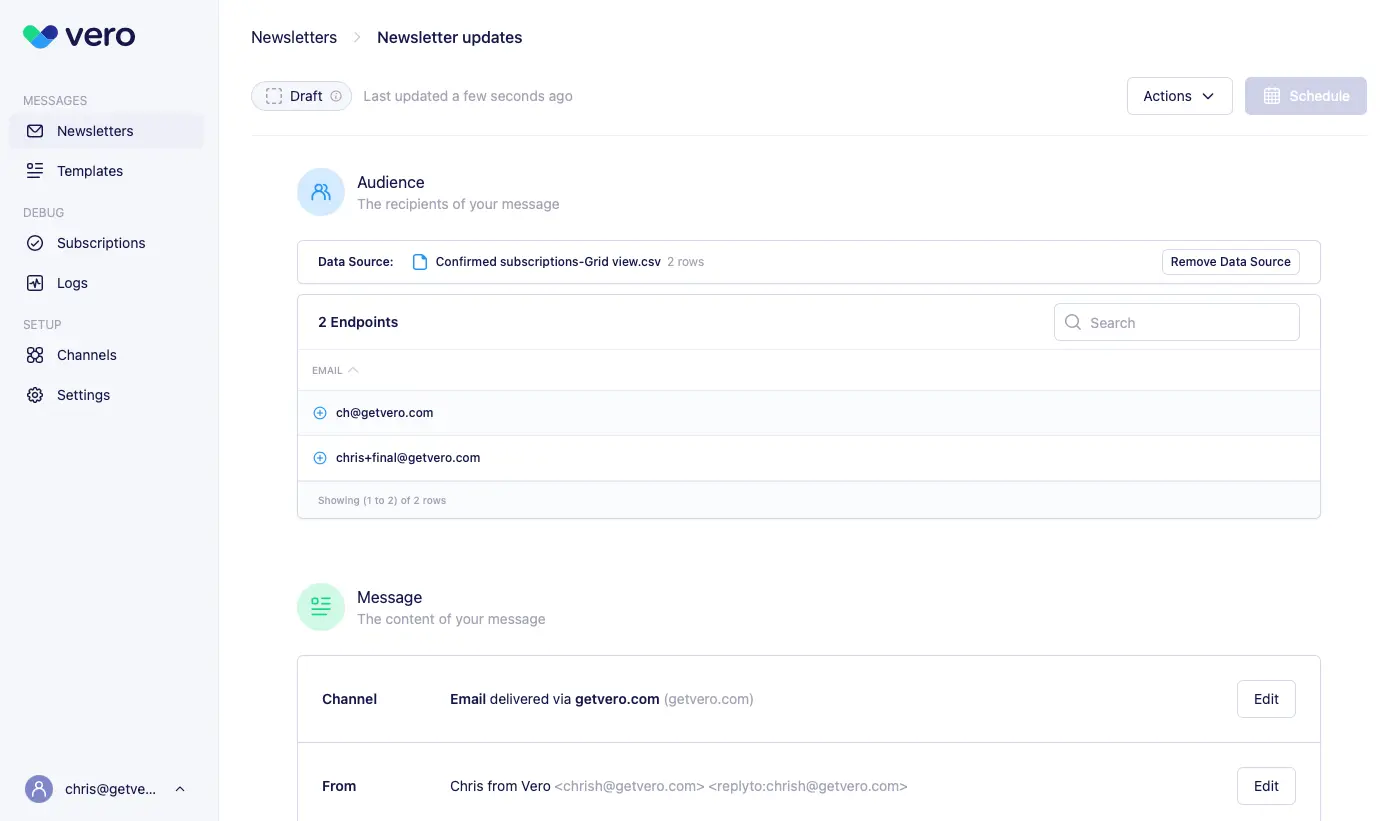Vero Newsletters Airtable import CSV