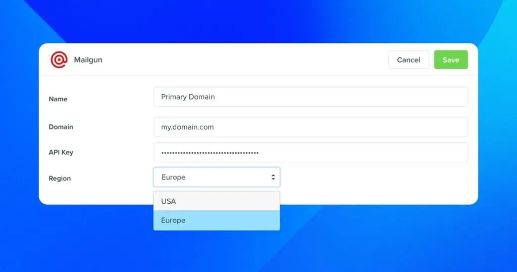 Europe region option available in the Mailgun provider settings in Vero.
