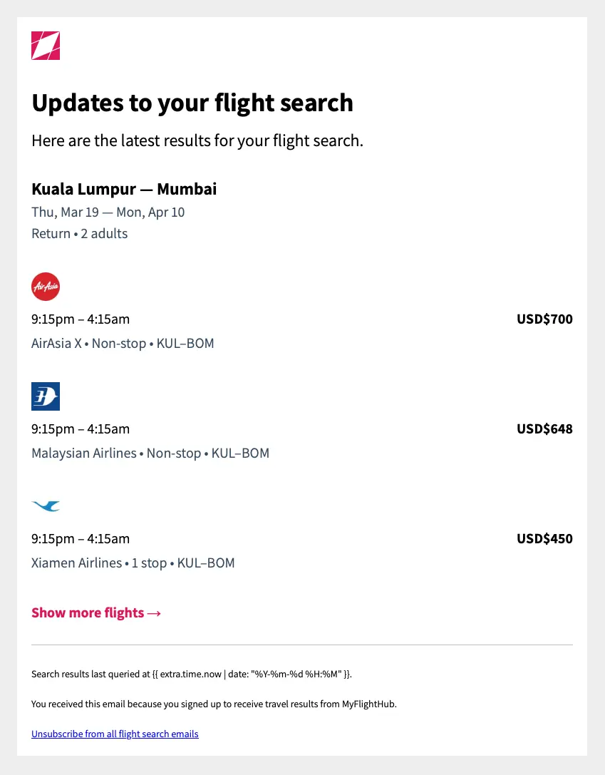 Example recent flight search email